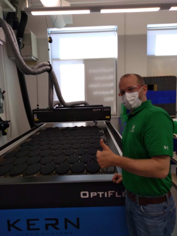 The Kern laser cutter can produce 850 masks in a single pass.
